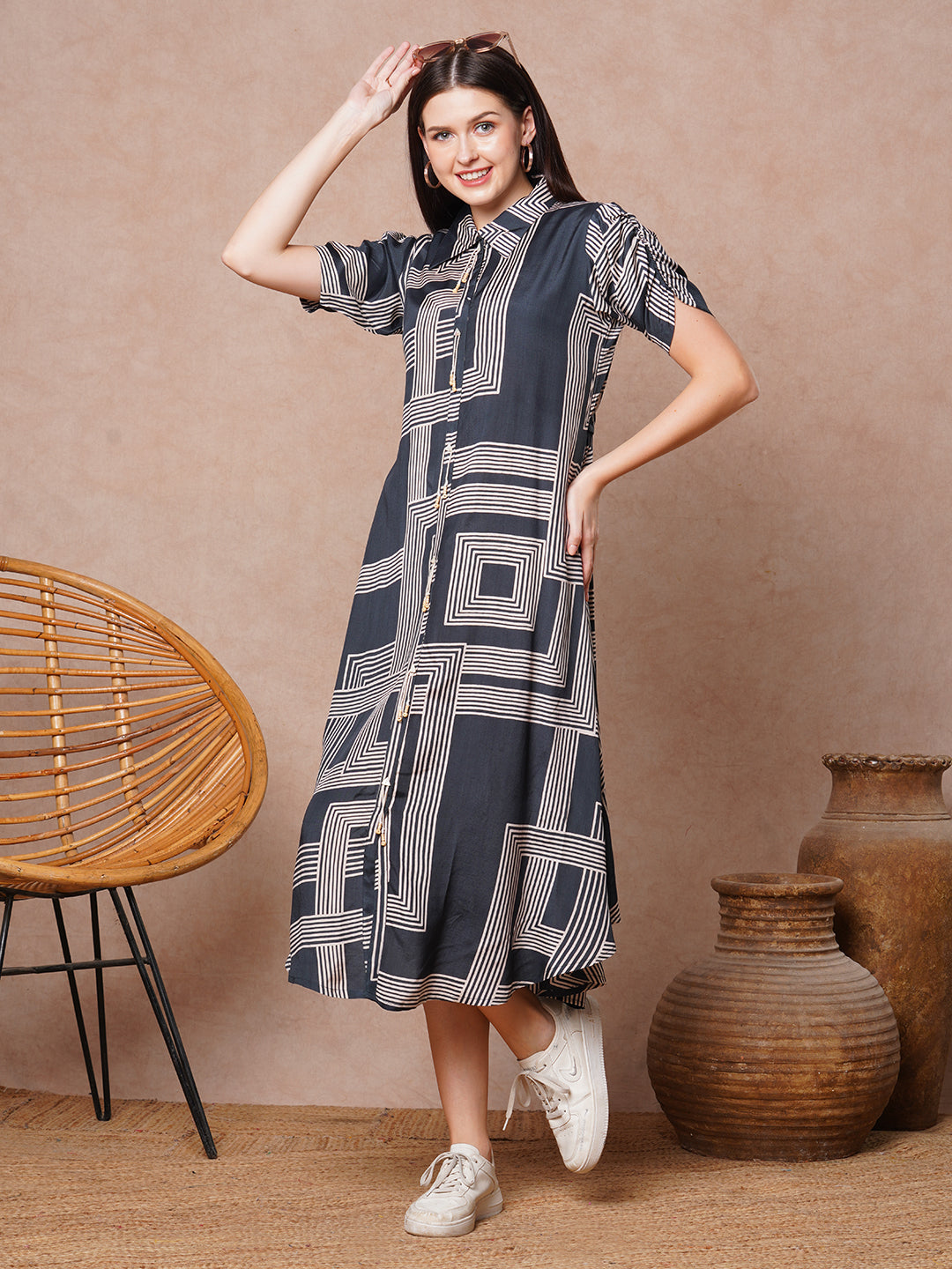 Geometric Printed A-Line Flared Midi Dress - Grey