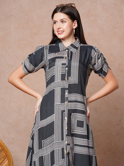 Geometric Printed A-Line Flared Midi Dress - Grey