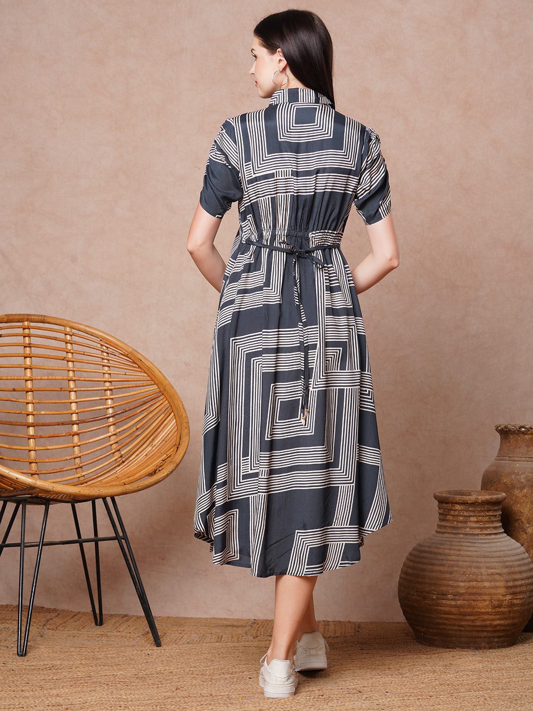 Geometric Printed A-Line Flared Midi Dress - Grey