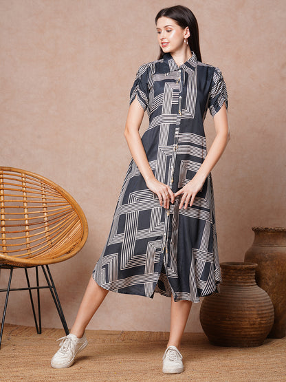 Geometric Printed A-Line Flared Midi Dress - Grey