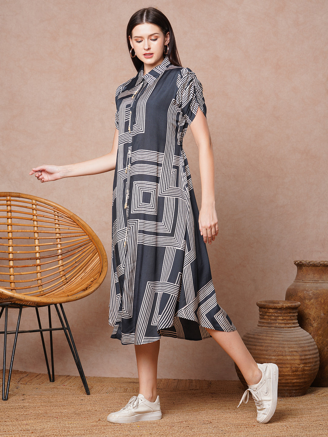 Geometric Printed A-Line Flared Midi Dress - Grey