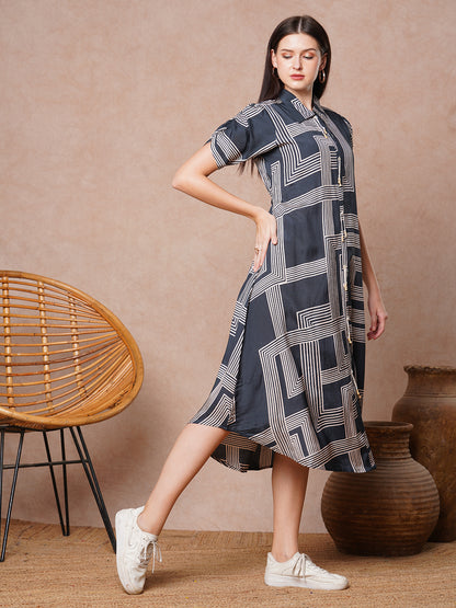 Geometric Printed A-Line Flared Midi Dress - Grey