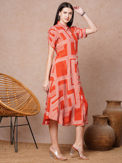 Geometric Printed A-Line Flared Midi Dress - Rust