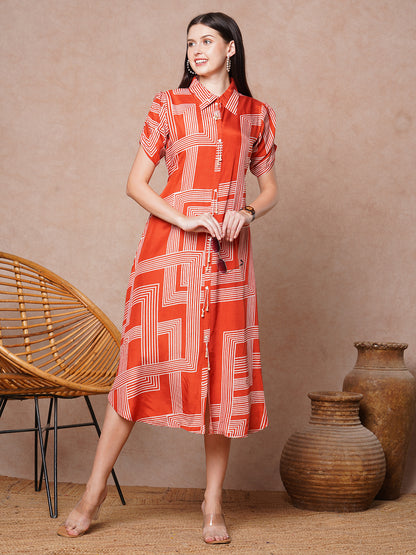 Geometric Printed A-Line Flared Midi Dress - Rust