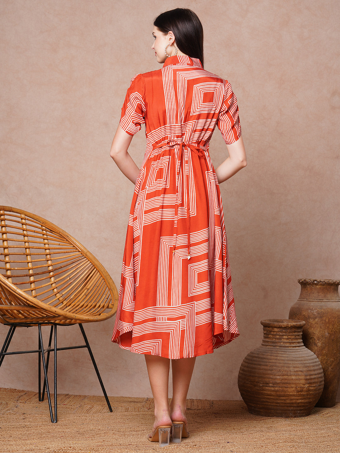 Geometric Printed A-Line Flared Midi Dress - Rust