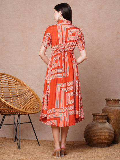 Geometric Printed A-Line Flared Midi Dress - Rust