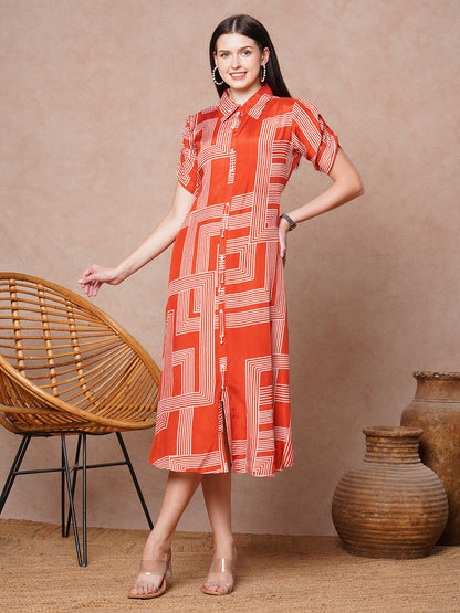 Geometric Printed A-Line Flared Midi Dress - Rust