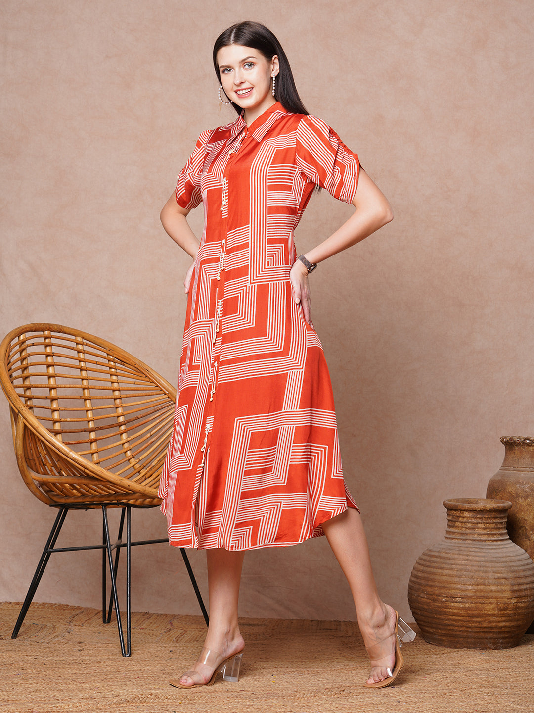 Geometric Printed A-Line Flared Midi Dress - Rust