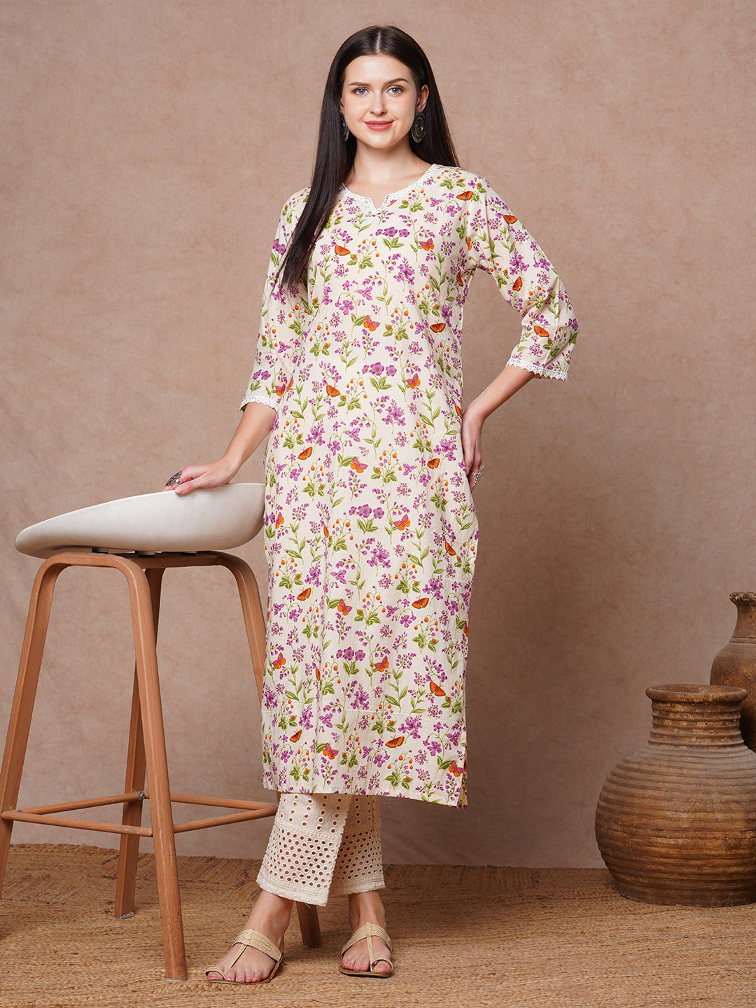 Ethnic Printed & Embroidered Straight Fit Kurta - Off White