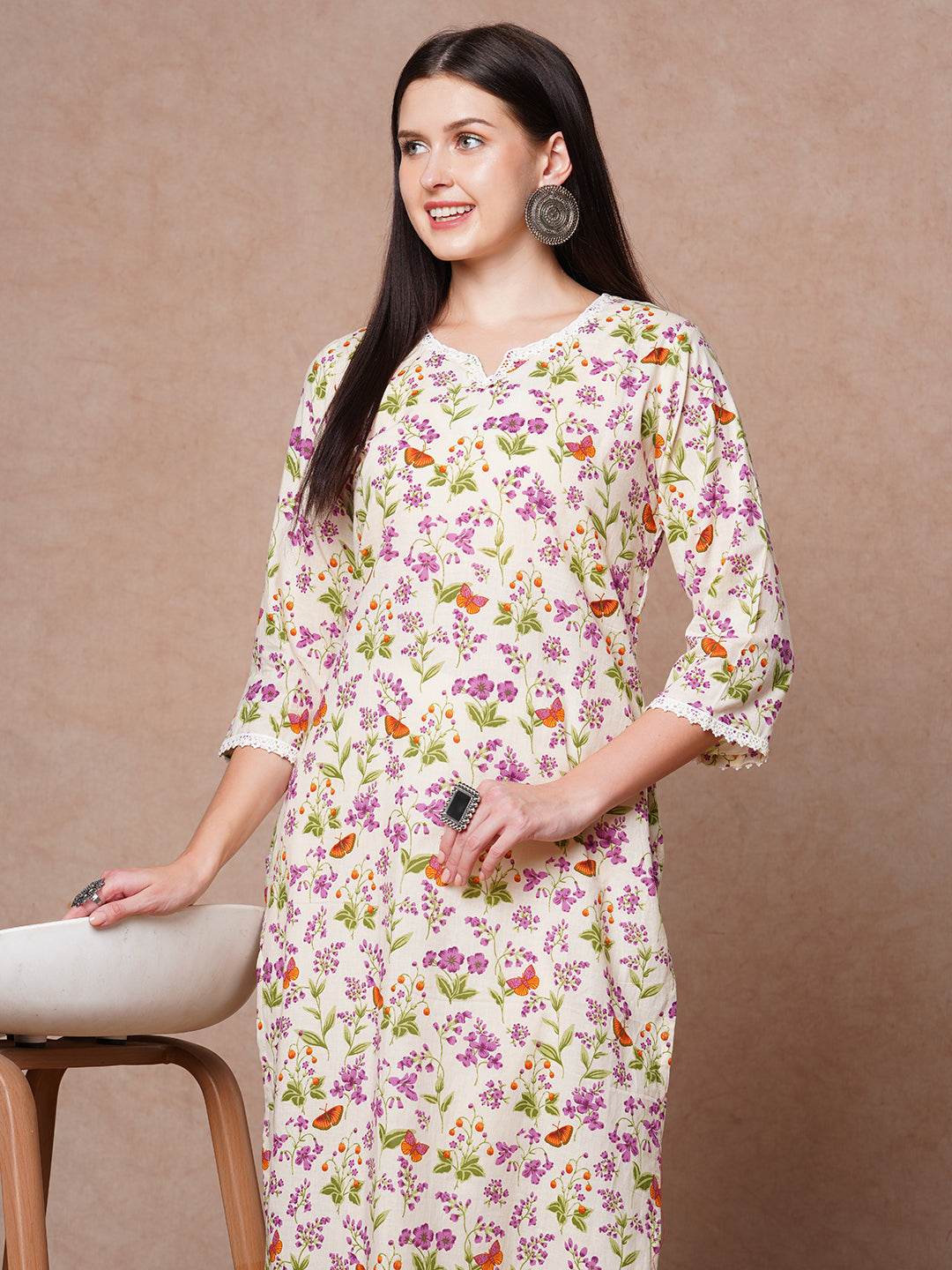 Ethnic Printed & Embroidered Straight Fit Kurta - Off White