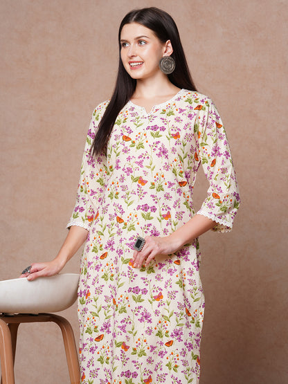 Ethnic Printed & Embroidered Straight Fit Kurta - Off White