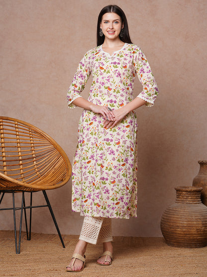 Ethnic Printed & Embroidered Straight Fit Kurta - Off White