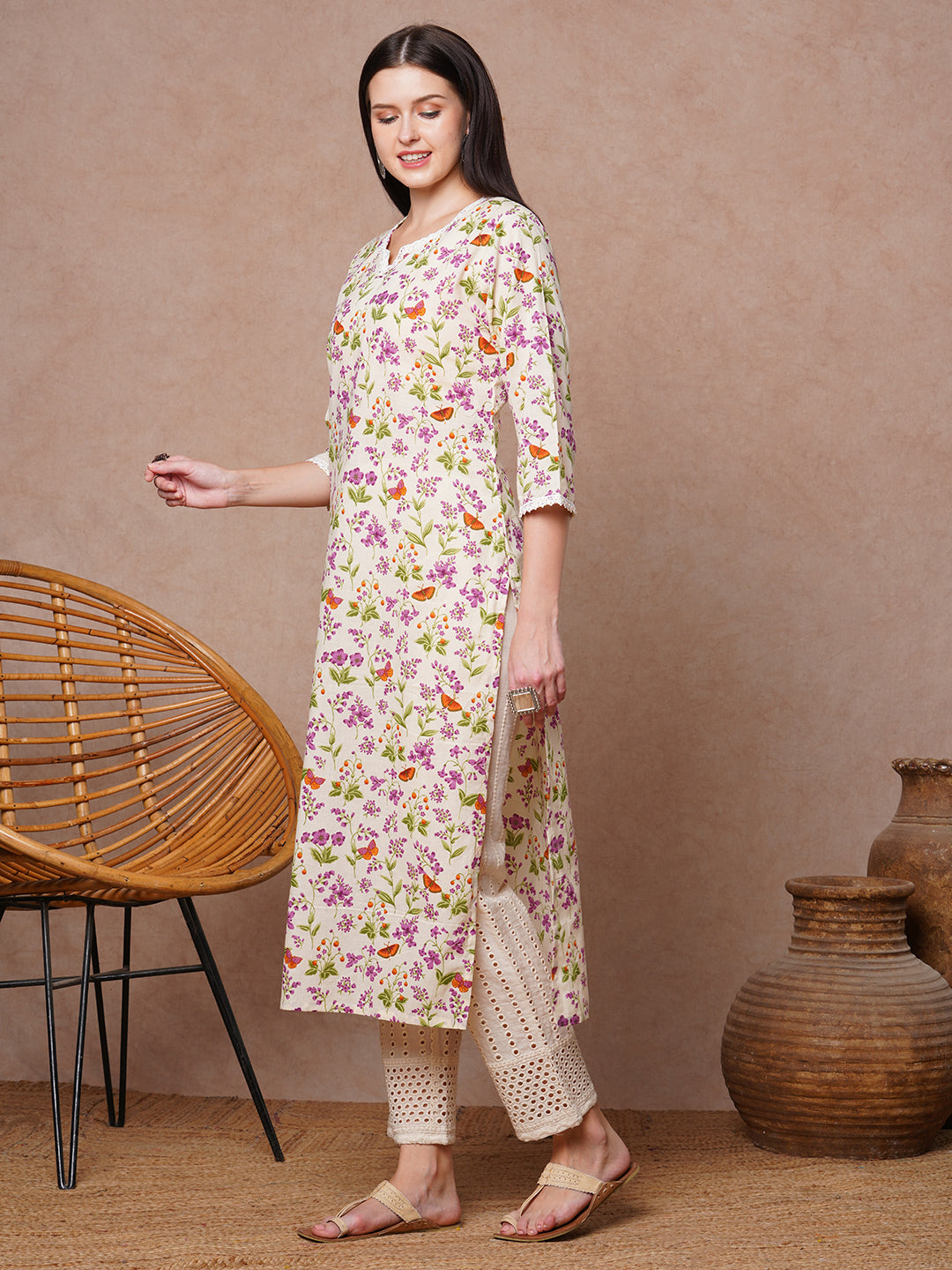 Ethnic Printed & Embroidered Straight Fit Kurta - Off White