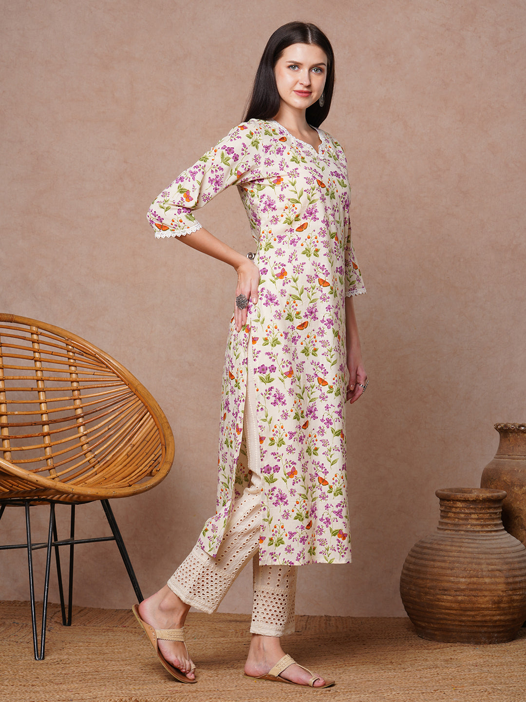 Ethnic Printed & Embroidered Straight Fit Kurta - Off White