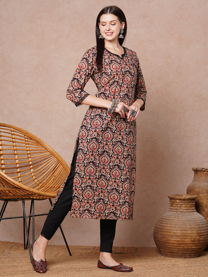 Ethnic Printed & Embroidered Straight Fit Kurta - Black