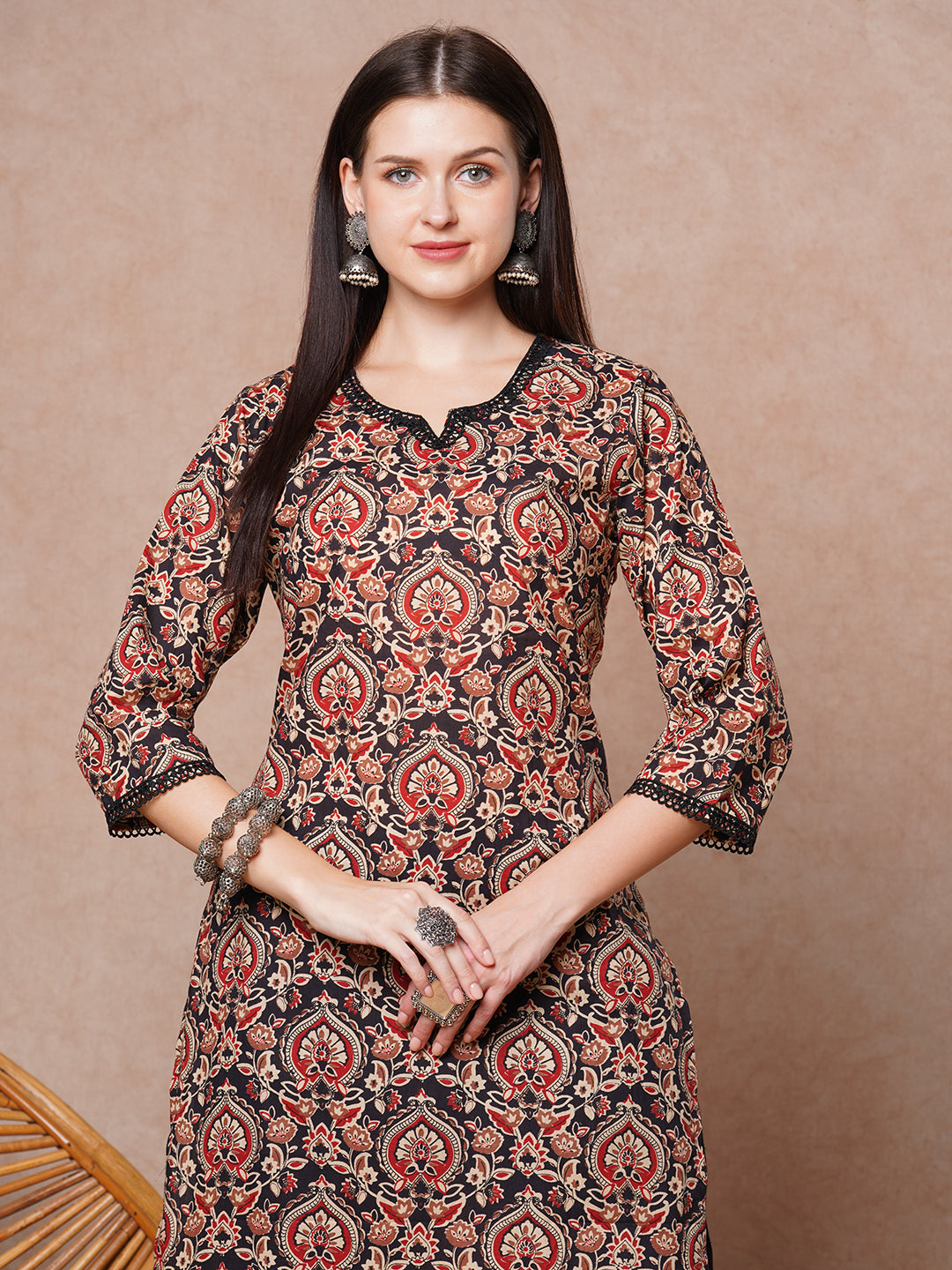 Ethnic Printed & Embroidered Straight Fit Kurta - Black