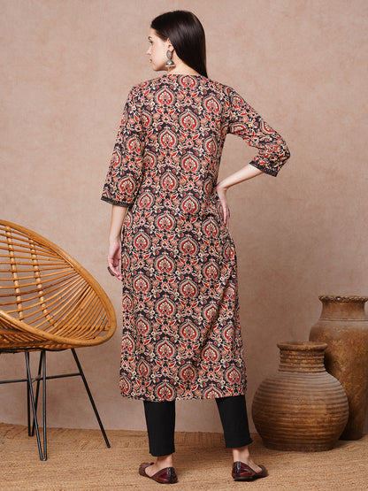 Ethnic Printed & Embroidered Straight Fit Kurta - Black