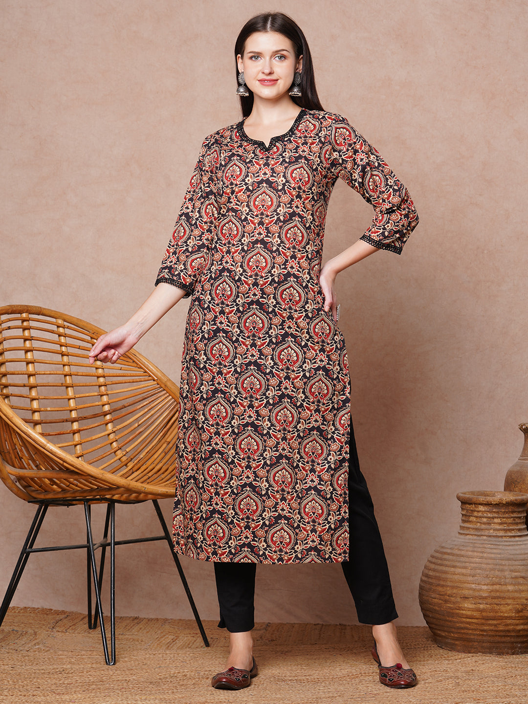 Ethnic Printed & Embroidered Straight Fit Kurta - Black