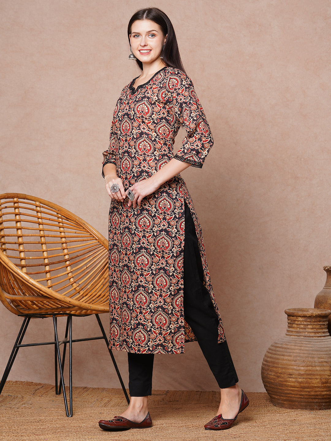 Ethnic Printed & Embroidered Straight Fit Kurta - Black