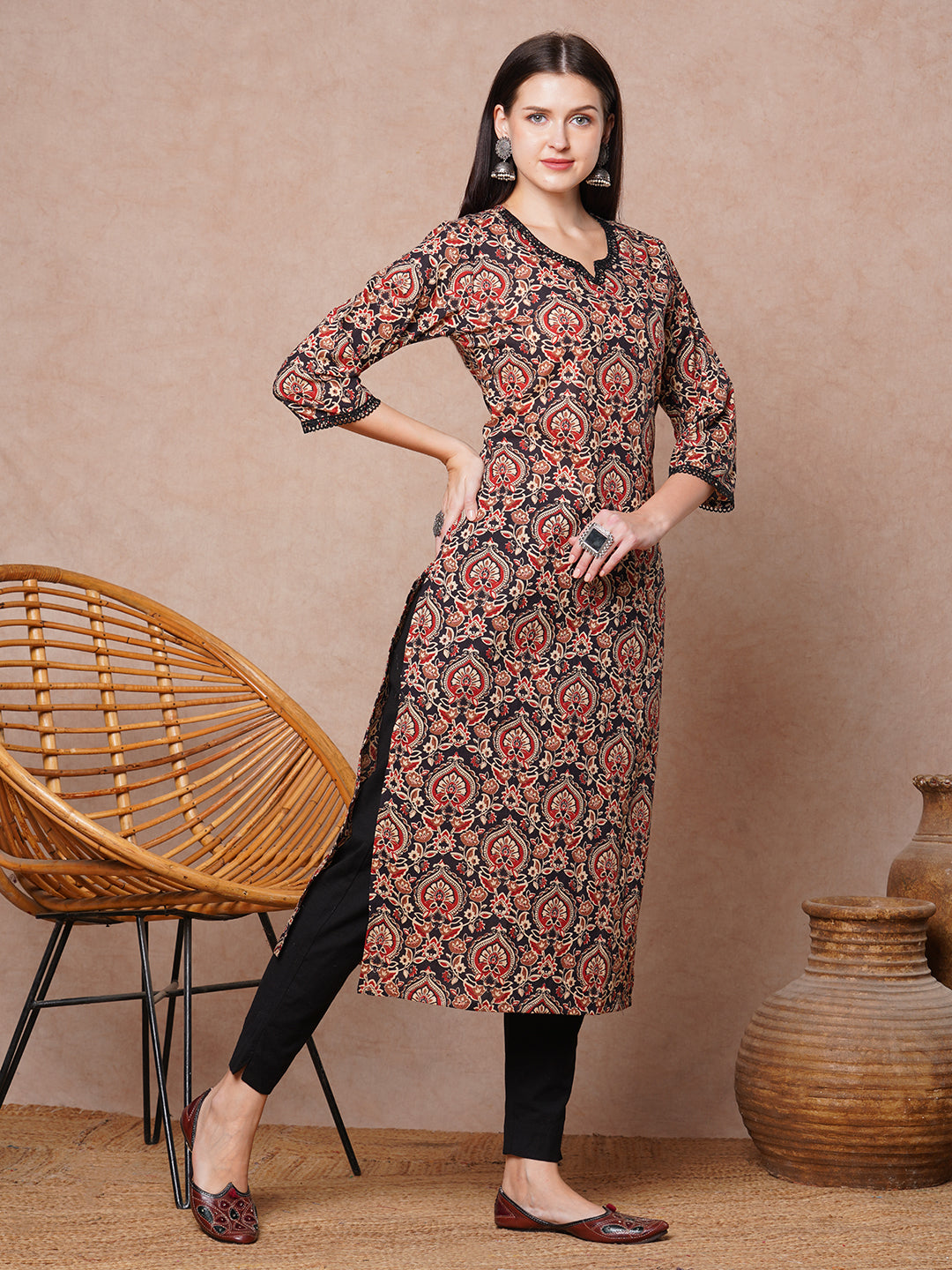 Ethnic Printed & Embroidered Straight Fit Kurta - Black