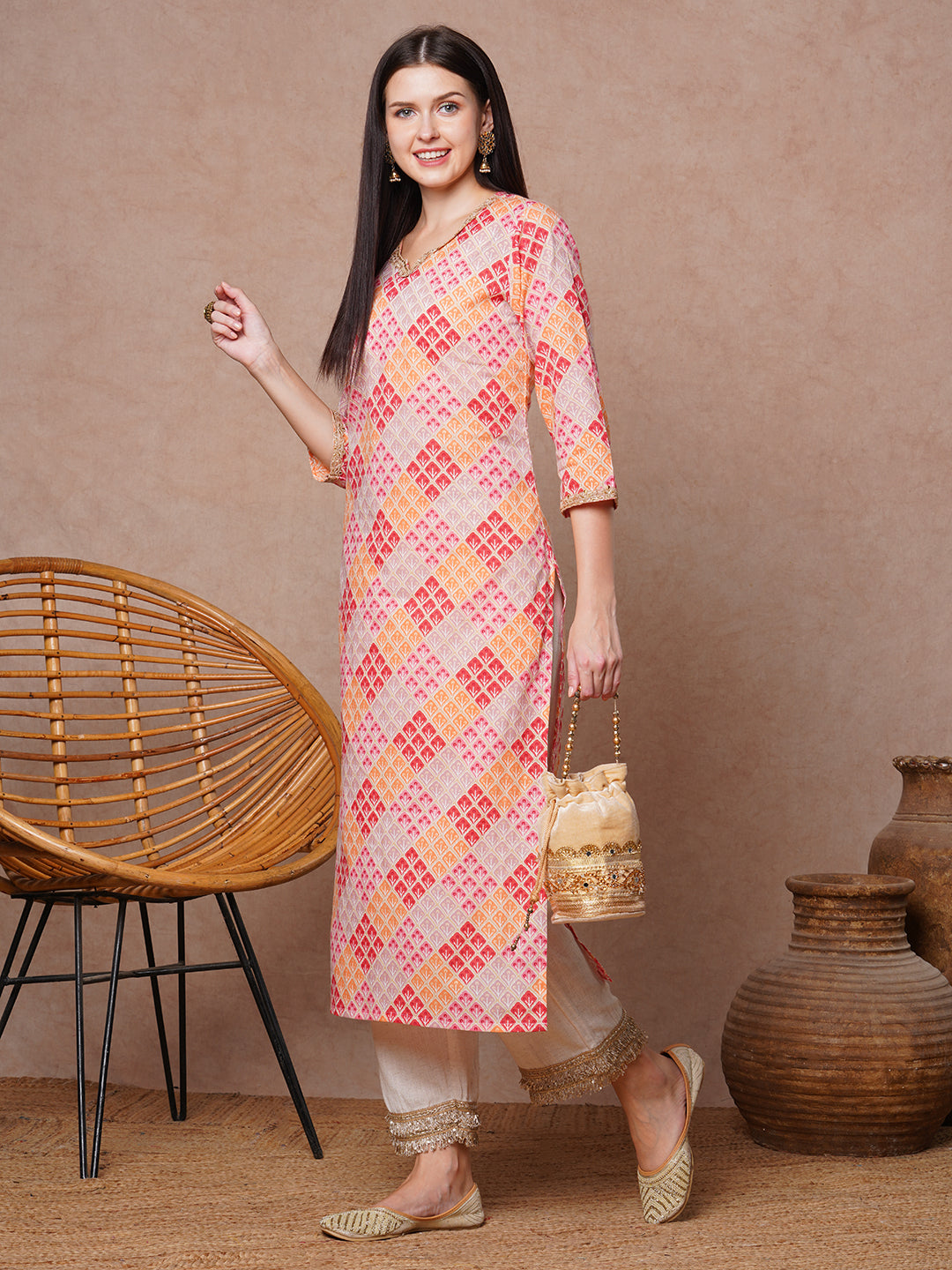 Ethnic Printed & Embroidered Straight Fit Kurta - Multi