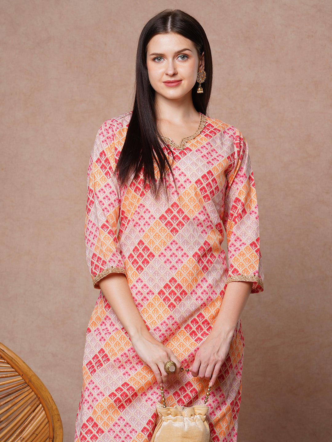 Ethnic Printed & Embroidered Straight Fit Kurta - Multi