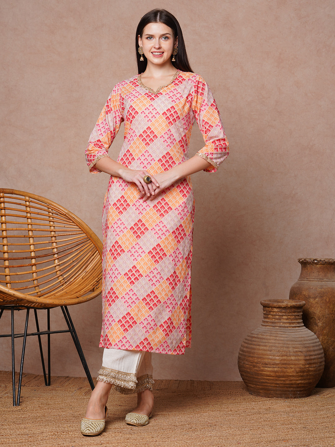 Ethnic Printed & Embroidered Straight Fit Kurta - Multi