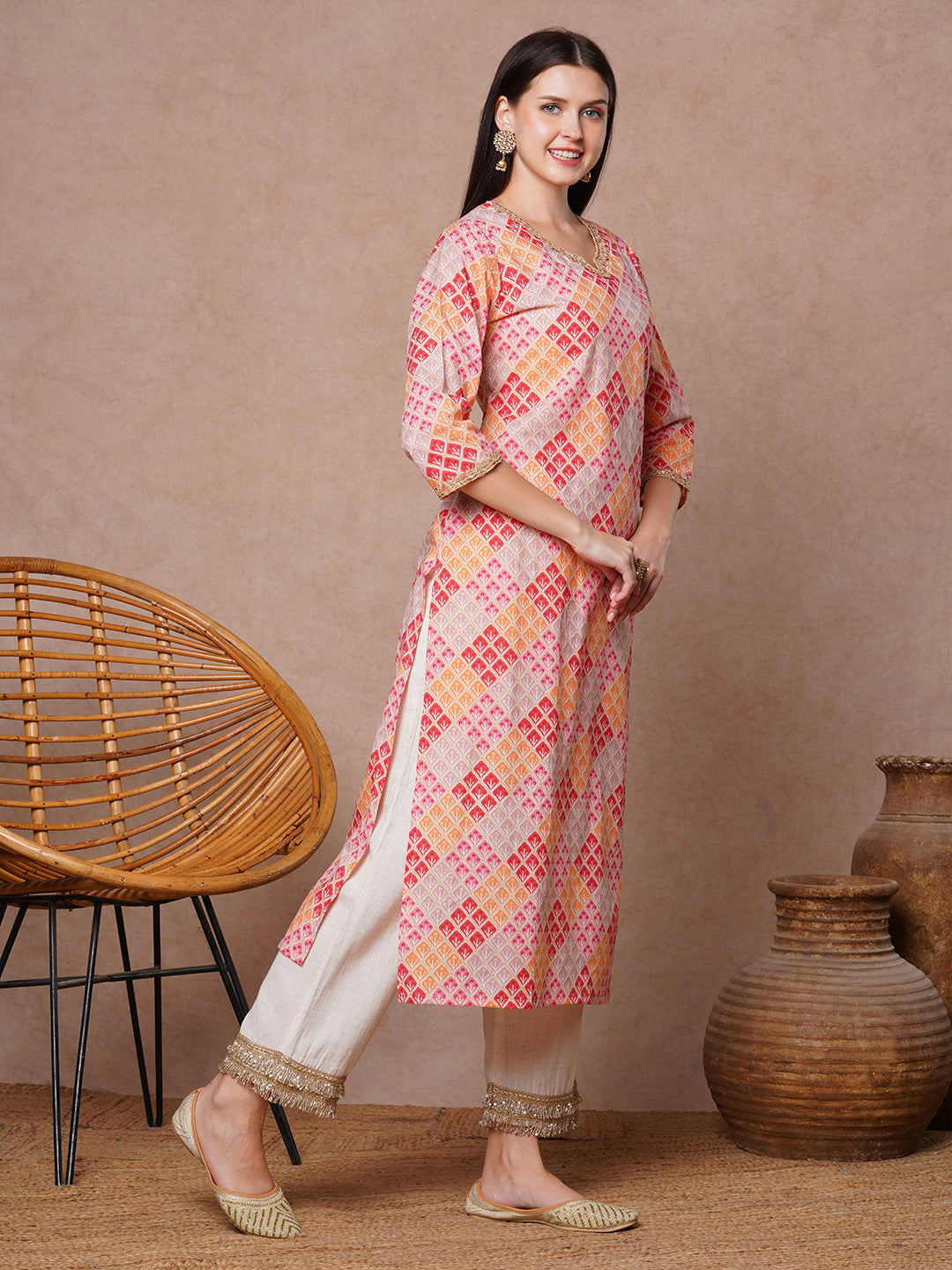 Ethnic Printed & Embroidered Straight Fit Kurta - Multi