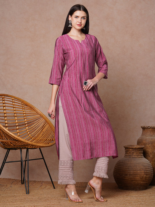 Ethnic & Printed & Embroidered Straight Fit Kurta - Pink