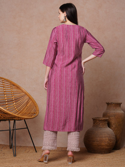 Ethnic & Printed & Embroidered Straight Fit Kurta - Pink