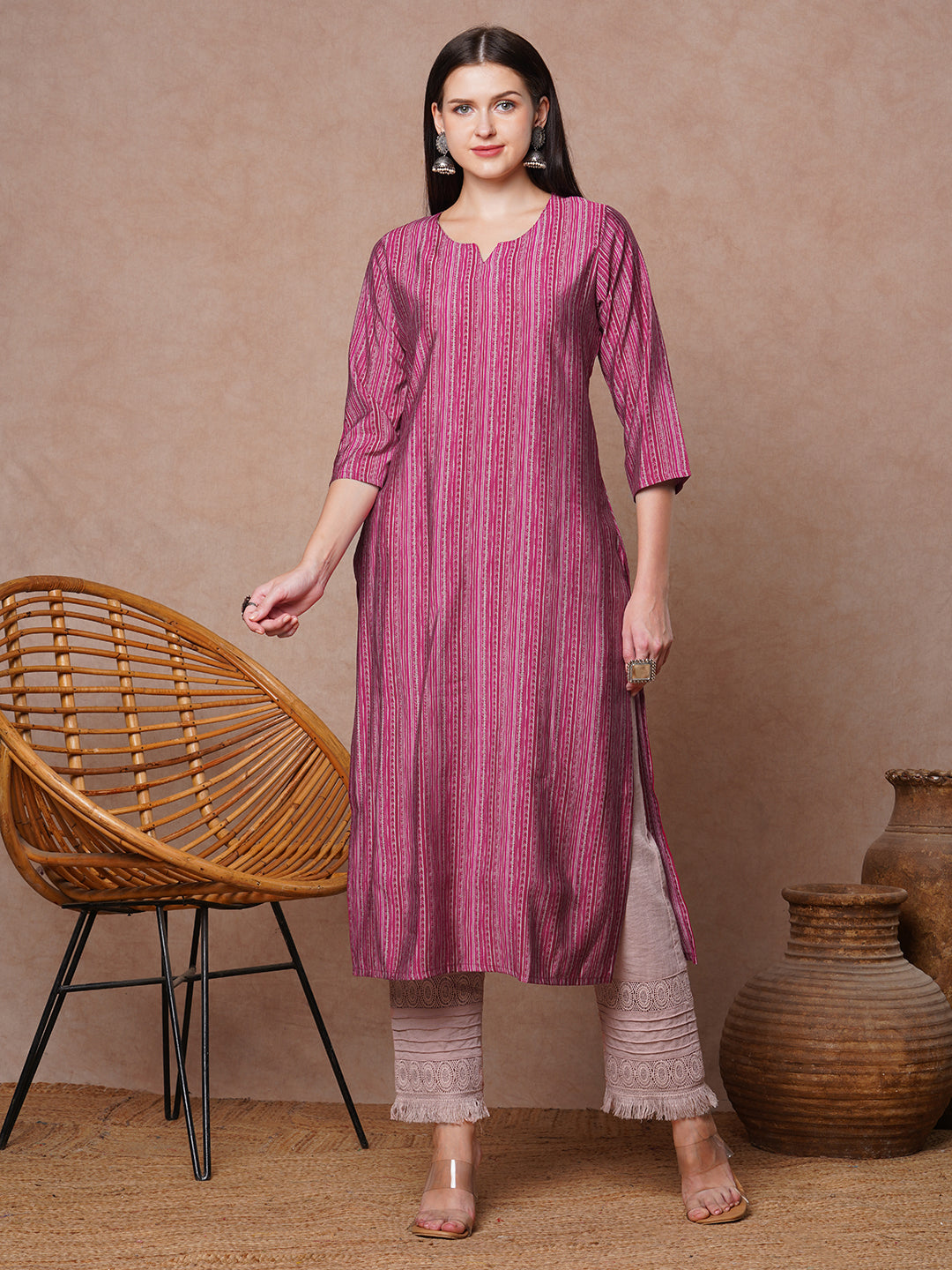 Ethnic & Printed & Embroidered Straight Fit Kurta - Pink