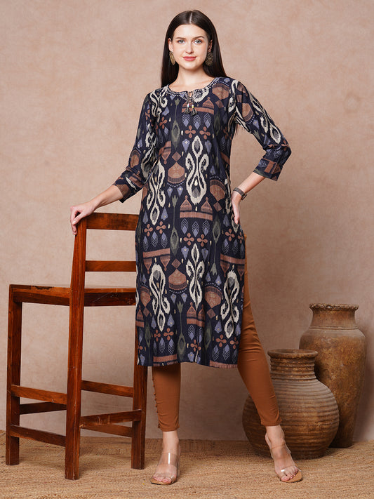 Ethnic Ikat Printed & Embroidered Straight Fit Kurta - Black