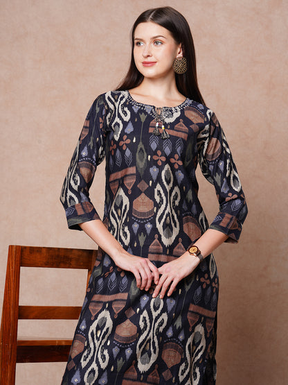 Ethnic Ikat Printed & Embroidered Straight Fit Kurta - Black