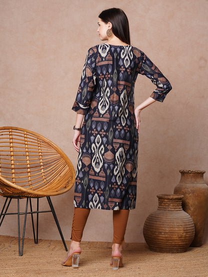 Ethnic Ikat Printed & Embroidered Straight Fit Kurta - Black