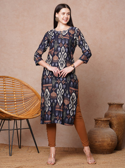 Ethnic Ikat Printed & Embroidered Straight Fit Kurta - Black