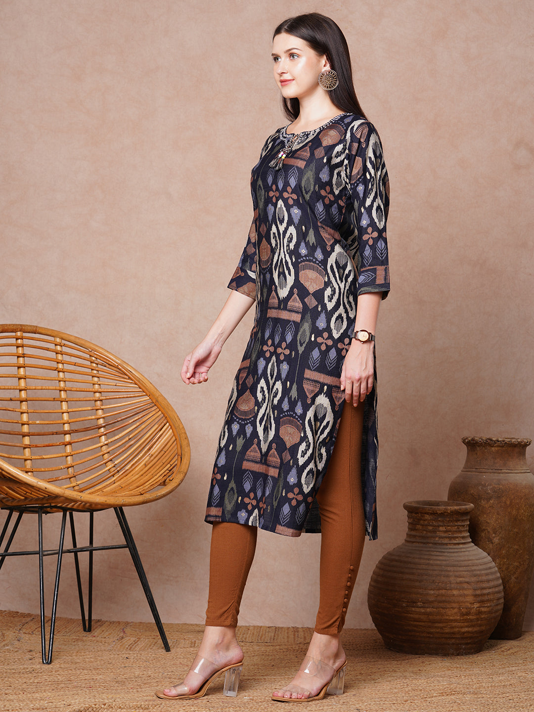 Ethnic Ikat Printed & Embroidered Straight Fit Kurta - Black