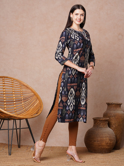 Ethnic Ikat Printed & Embroidered Straight Fit Kurta - Black