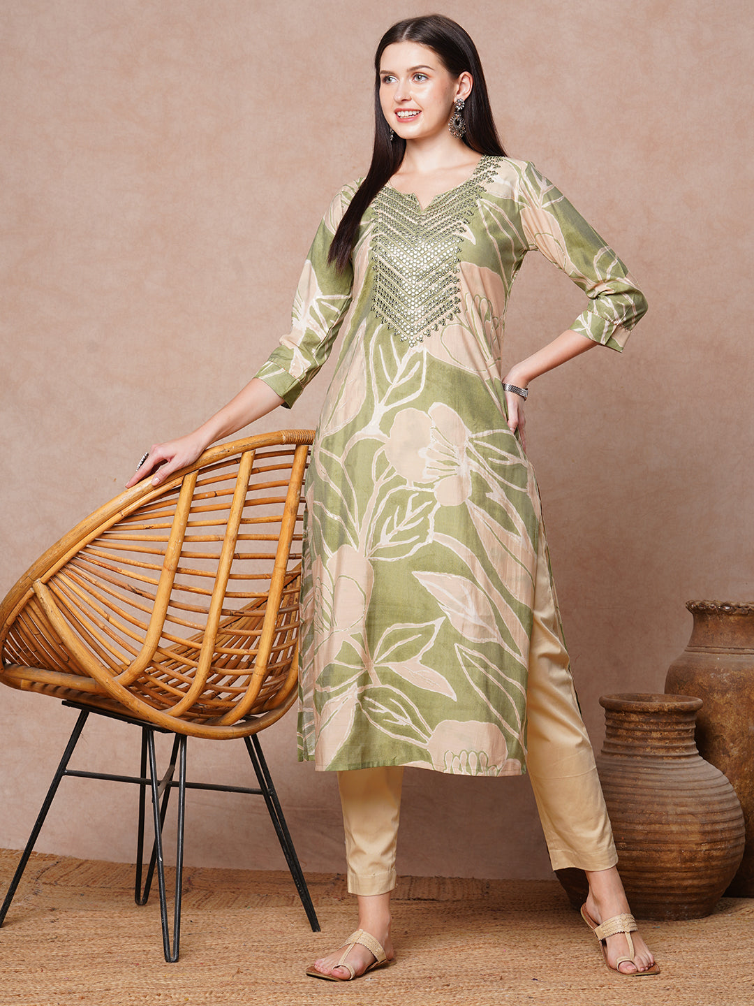 Abstract Floral Printed & Embroidered Straight Fit Kurta - Green