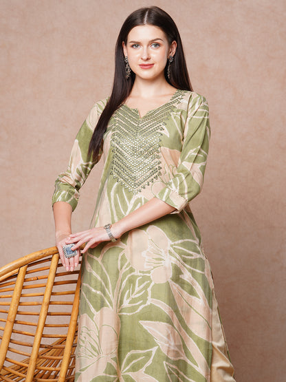 Abstract Floral Printed & Embroidered Straight Fit Kurta - Green