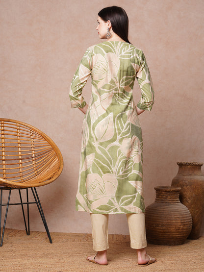 Abstract Floral Printed & Embroidered Straight Fit Kurta - Green