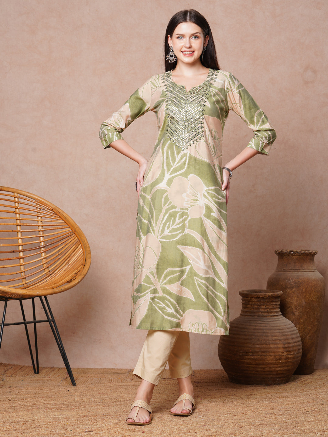 Abstract Floral Printed & Embroidered Straight Fit Kurta - Green