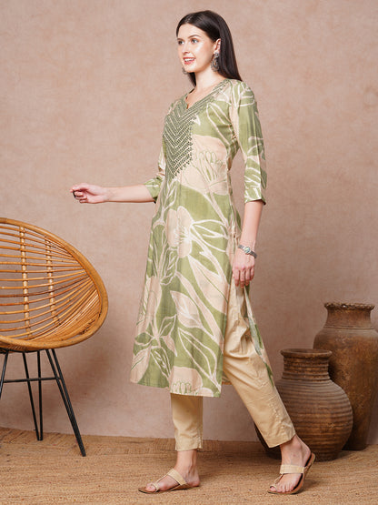 Abstract Floral Printed & Embroidered Straight Fit Kurta - Green