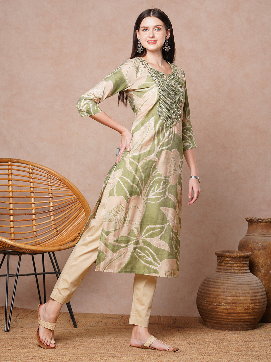 Abstract Floral Printed & Embroidered Straight Fit Kurta - Green