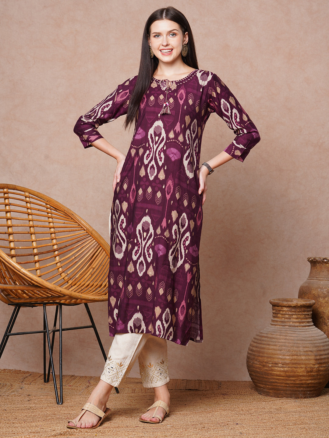 Ethnic Ikat Printed & Embroidered Straight Fit Kurta - Burgundy