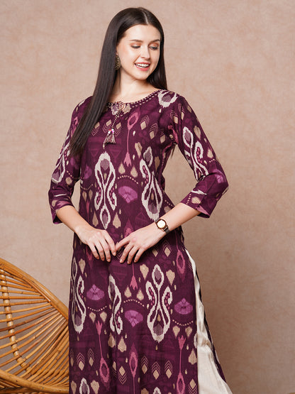 Ethnic Ikat Printed & Embroidered Straight Fit Kurta - Burgundy