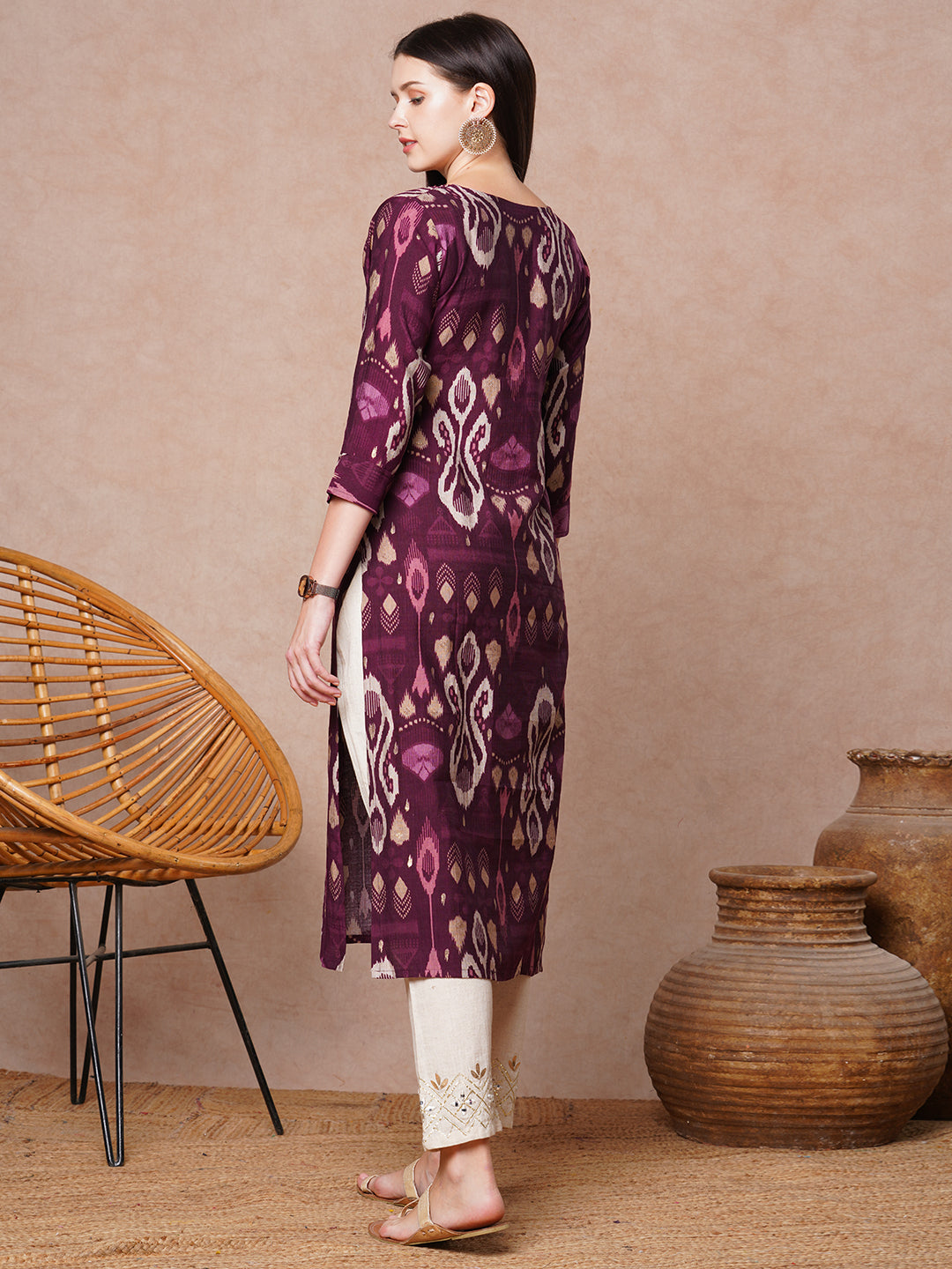 Ethnic Ikat Printed & Embroidered Straight Fit Kurta - Burgundy