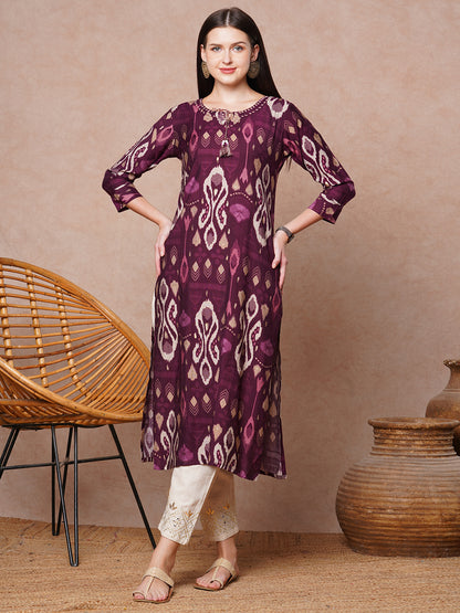 Ethnic Ikat Printed & Embroidered Straight Fit Kurta - Burgundy