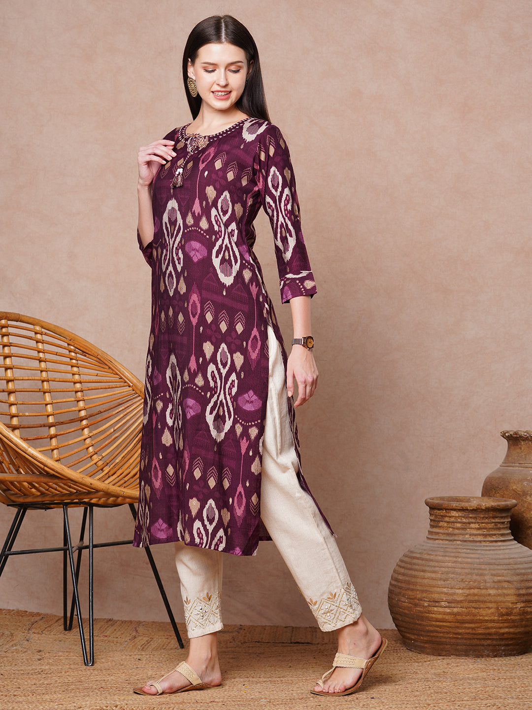 Ethnic Ikat Printed & Embroidered Straight Fit Kurta - Burgundy