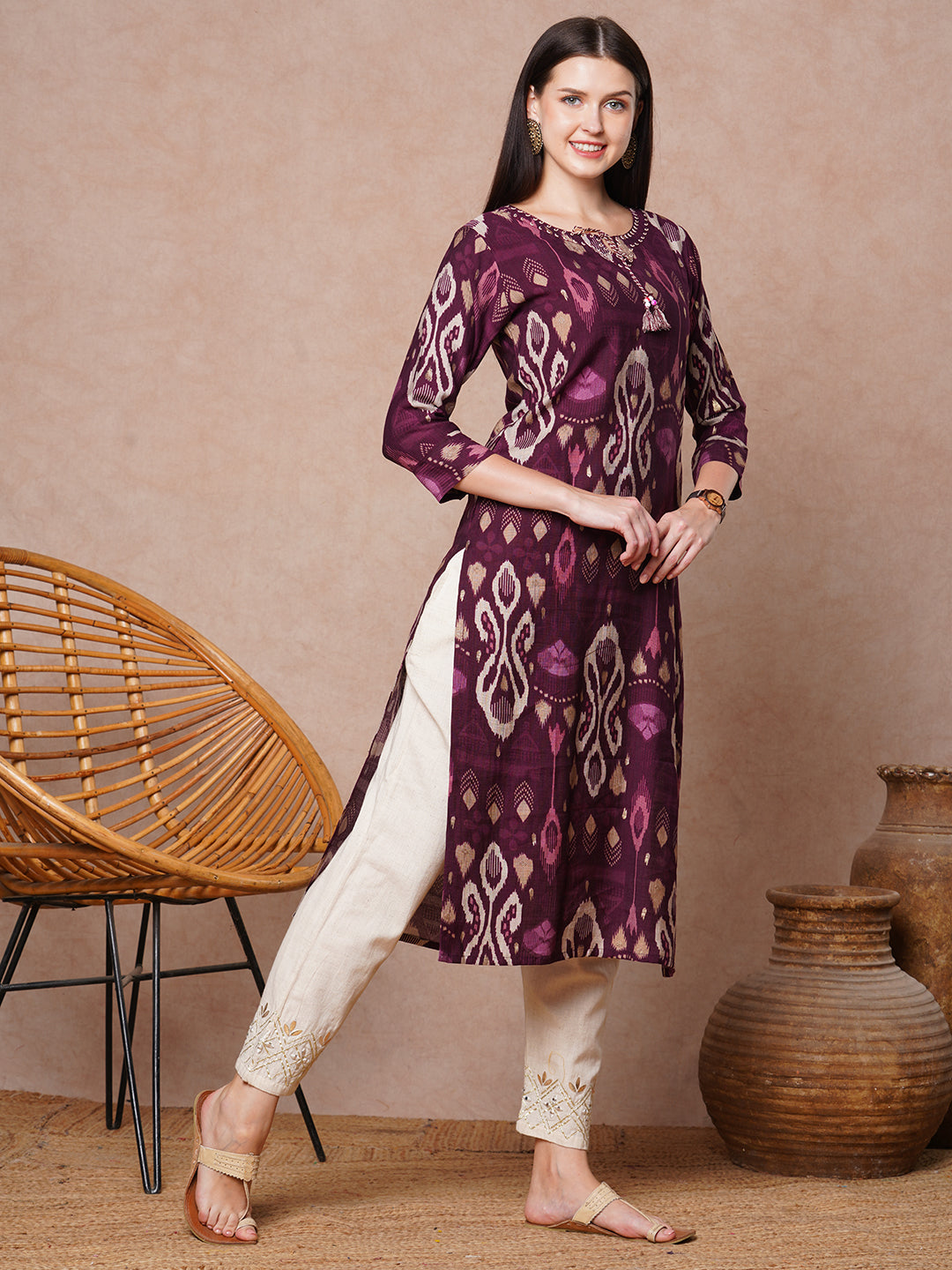 Ethnic Ikat Printed & Embroidered Straight Fit Kurta - Burgundy