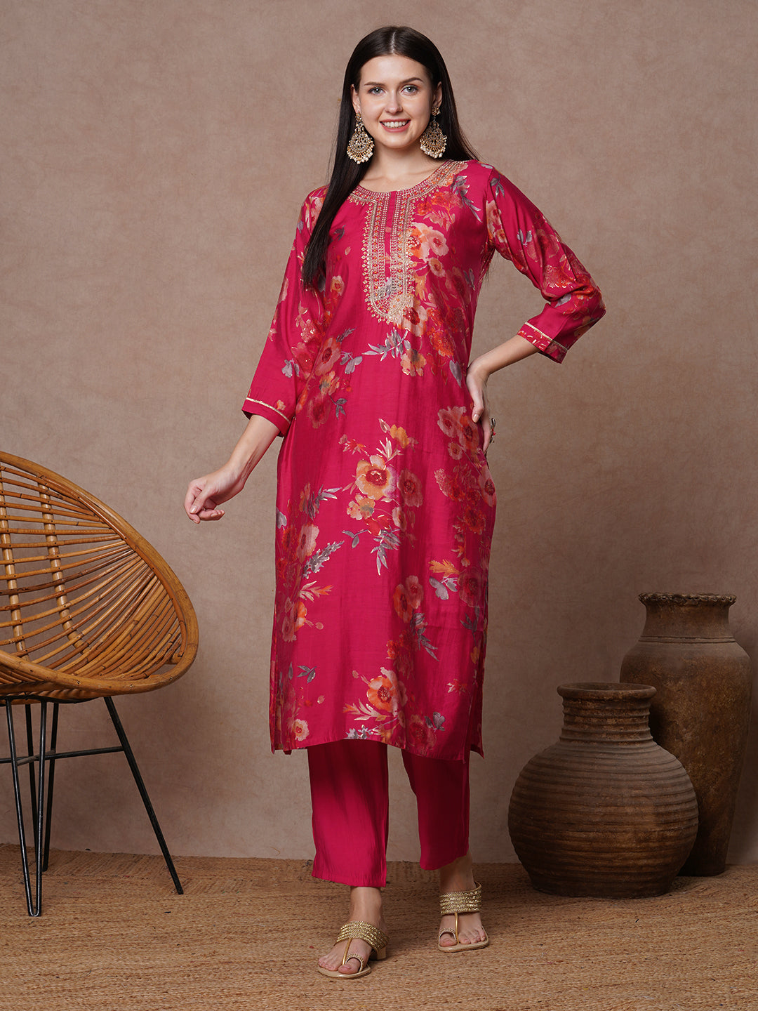 Floral Printed Embroidered Straight Fit Kurta with Pant - Rani